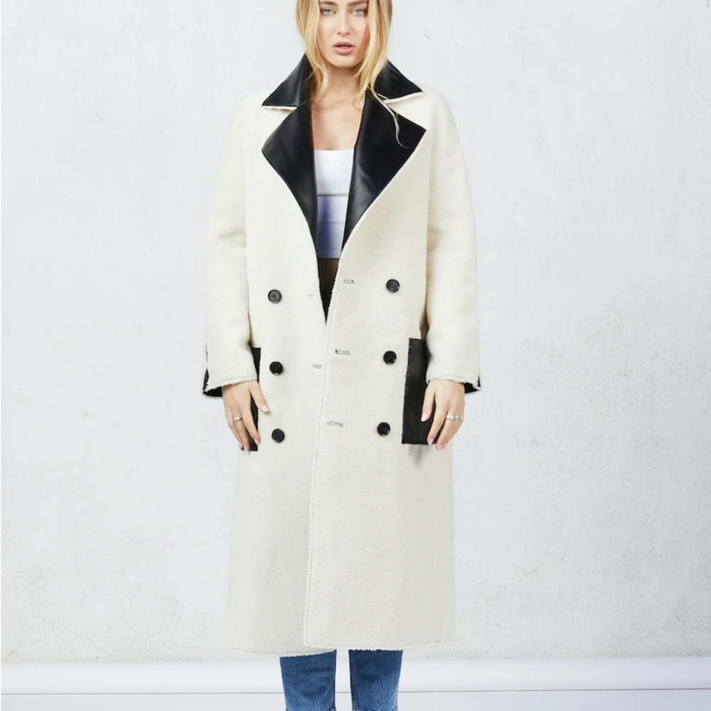 Vegan Leather Reversible Women's Black and White Double-Breasted Coat